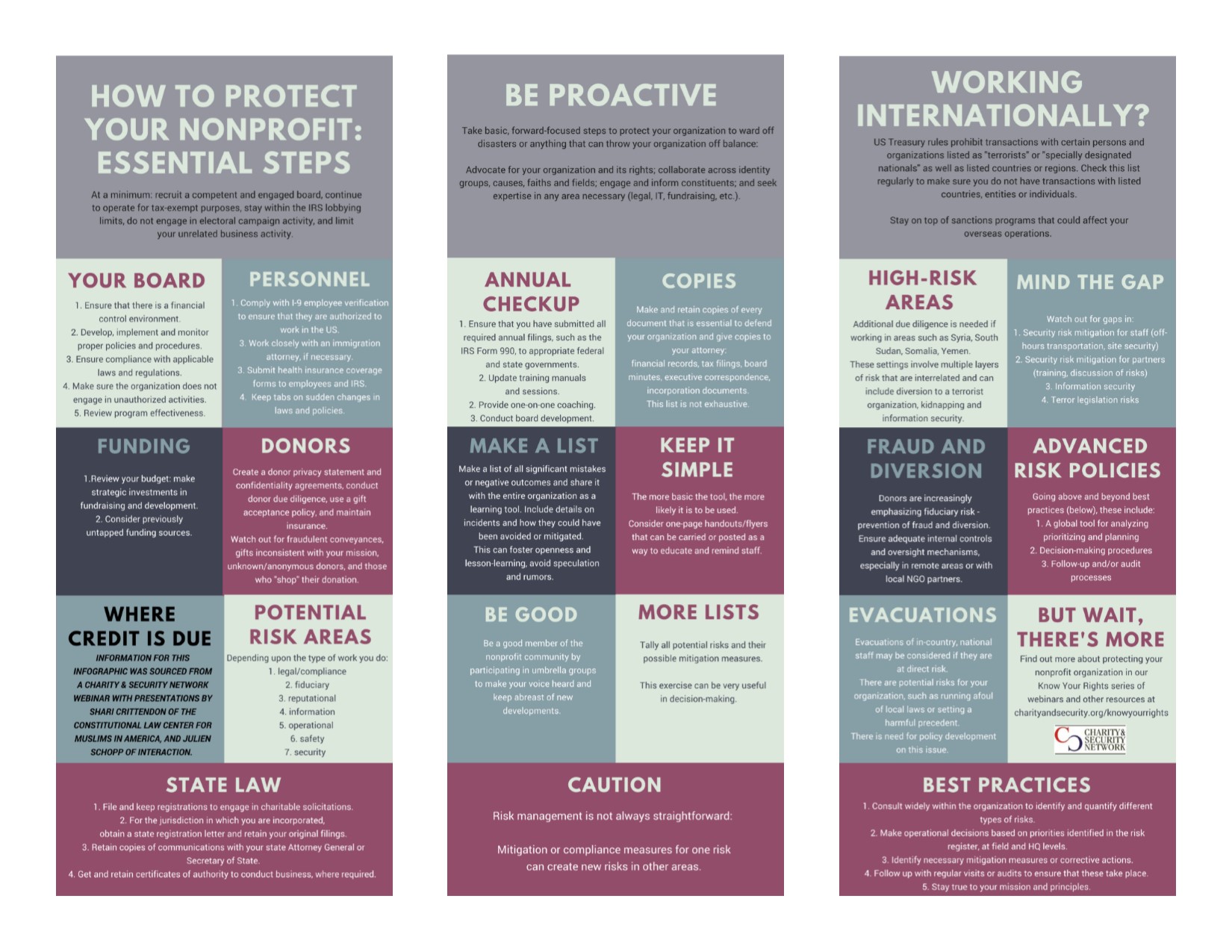 3 infographics - hot to protect your nonprofit: essential steps, be proactive, working internationally?